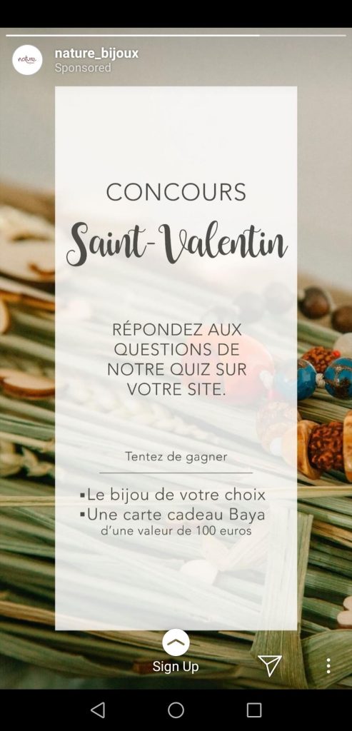 Screenshot of a sponsored Story post on Instagram. The text explains that followers can enter a Valentine's Day quiz to win jewellery and a giftcard.