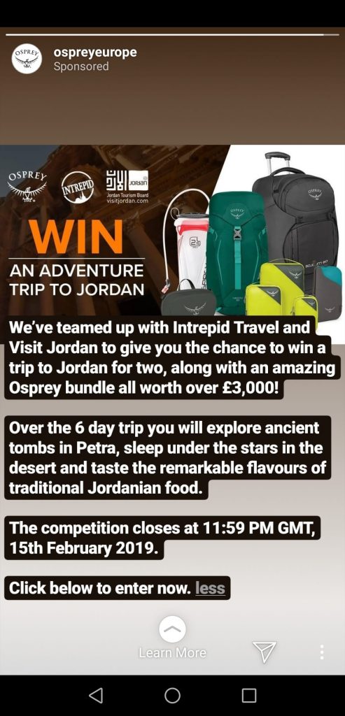 Instagram Story announcing a giveaway in collaboration with 2 other brands. The Story gives details of the contest and a link to enter, along with photos of the prize.