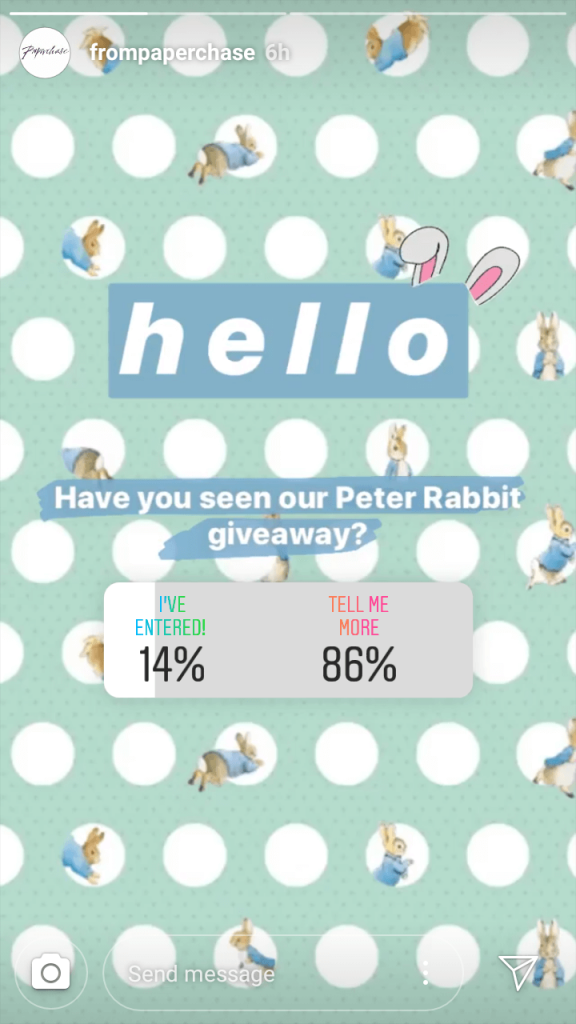 Instagram Story with a background of cartoon rabbits. The text reads: "Hello. Have you seen our Peter Rabbit giveaway?" Followers can tap a sticker to vote "I've entered" or "Tell me more".