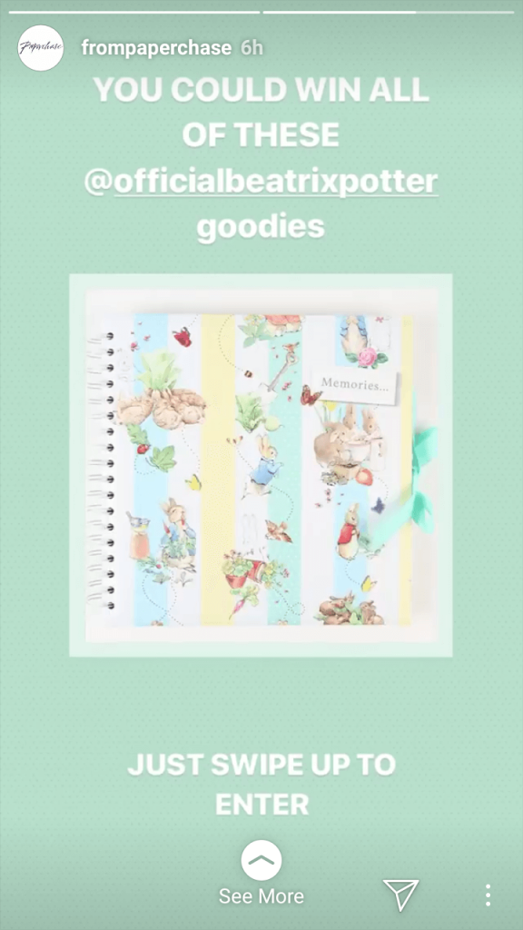 Instagram Story by Paperchase. The image shows a Peter Rabbit notebook, and the overlaid text reads "You could win all of these official Beatrix Potter goodies".