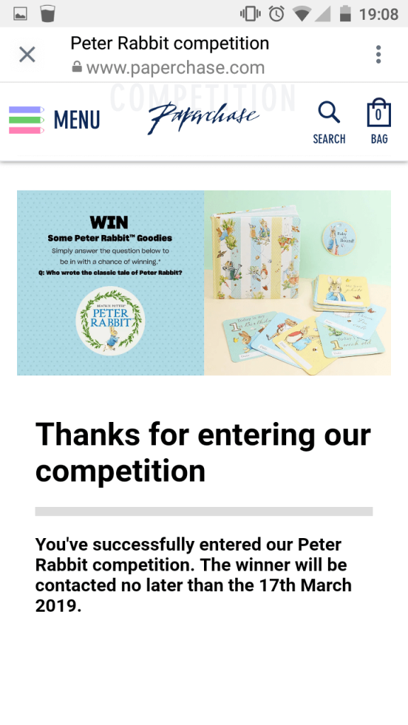 Screenshot of the Paperchase Peter Rabbit competition when users tap the Story link to enter.