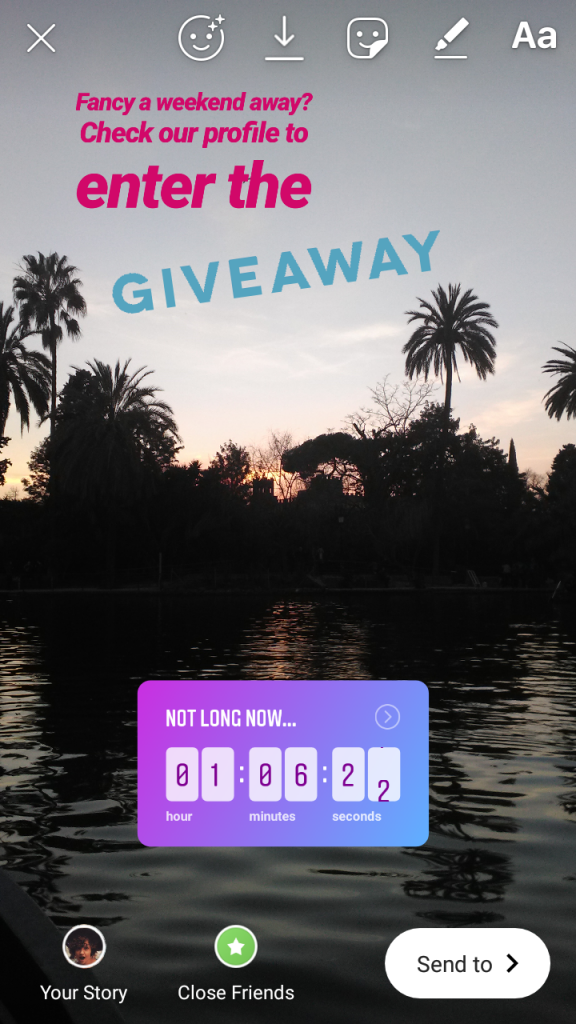 Screenshot of an Instagram Story. The image shows a lake at sunset, with a countdown sticker. The overlay text reads: "Fancy a weekend away? Check our profile to enter the giveaway. Not long now..."