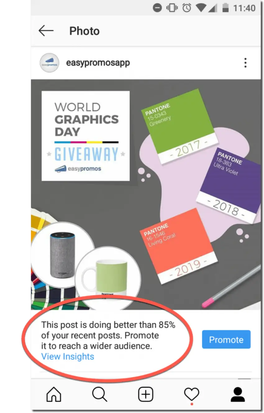 Screenshot of an Instagram giveaway by Easypromos. A notification reads, "This post is doing better than 85% of your recent posts. Promote it to reach a wider audience".