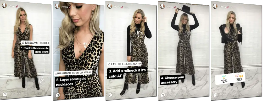 Collection of 5 screenshots of Instagram Stories by Silkfred. The Stories are a sequence, all videos of the same woman in a leopard-print dress. The Stories describe how the outfit is built and accessorized. The final Story includes a poll for readers to vote on which accessory they liked best.