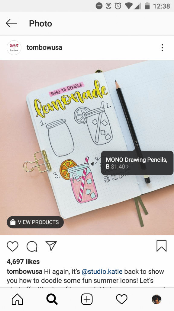 Screenshot of a shoppable post from Tombow USA. The image shows a notebook with some sketches of lemonade in a jar, and the pencil used for the sketch. The pencil is tagged with a label that users tap to shop.