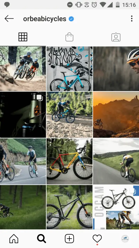 Screenshot of the Orbea Bicycles profile on Instagram. They have a product catalog on their profile, but don't tag products in individual posts.