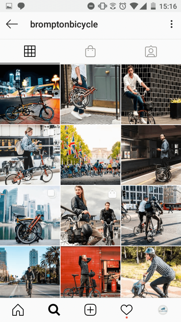 Screenshot of the Brompton Bicycle profile on Instagram. They have a product catalog on their profile, and tag products in very few posts - about 1 in every 10 posts has a shopping tag.