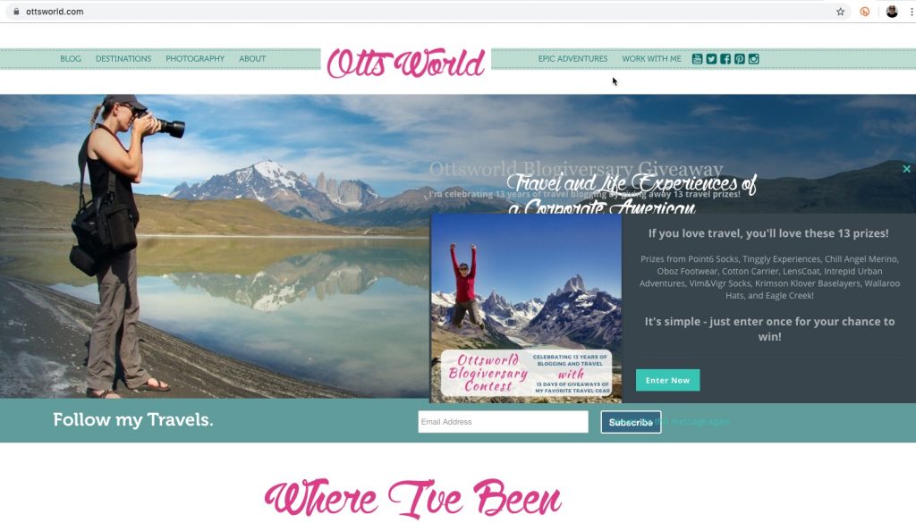 Travel blog giveaways embedded on the blog