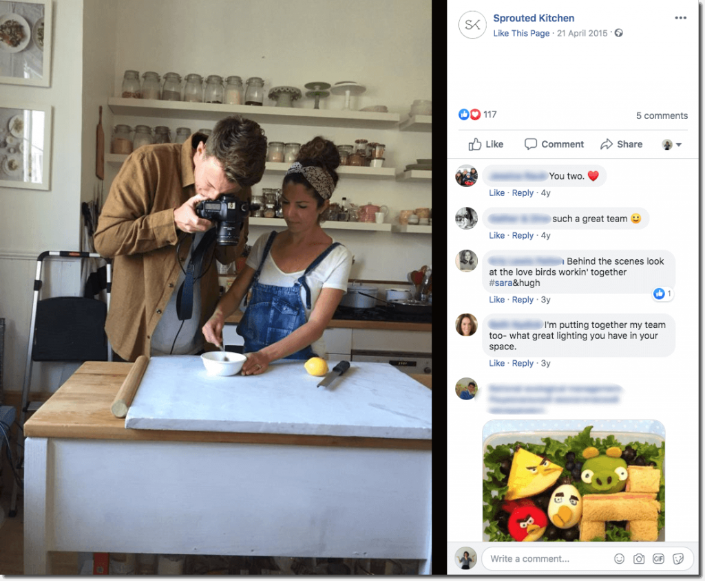Screenshot of a Sprouted Kitchen post on Facebook. The photo is a behind the scenes shot of the chef working at the table while her partner takes photos. In the comments, people praise their relationship and photography skills.