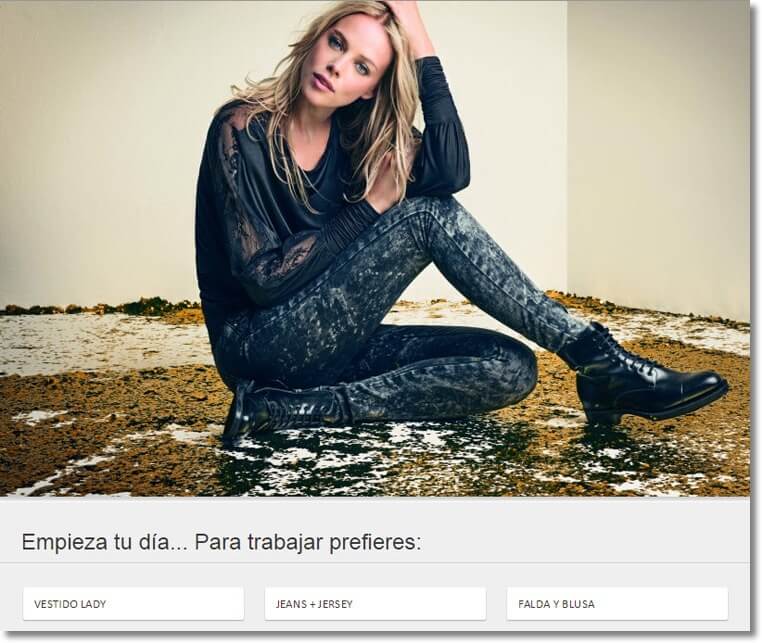 Screenshot of a personality quiz to promote a fashion collection. The image shows a young blonde woman sitting on the floor, dressed in dark jeans, a black shirt, and black boots. The floor is covered in gold sequins. Below the photo, users are asked to choose their ideal outfit for a day at work.