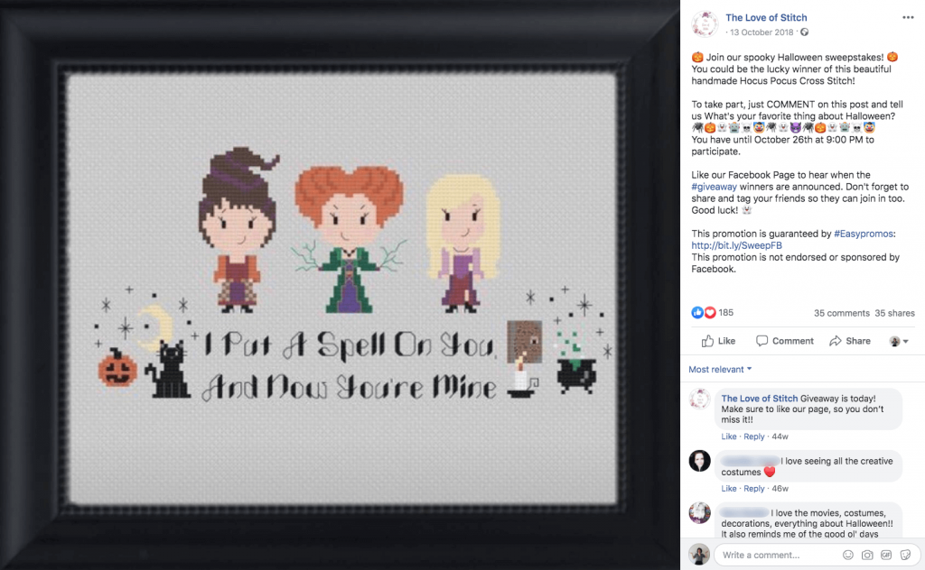 Halloween promotions on Facebook: in this giveaway, followers can win a cross stitch design of the main characters from hit movie Hocus Pocus.