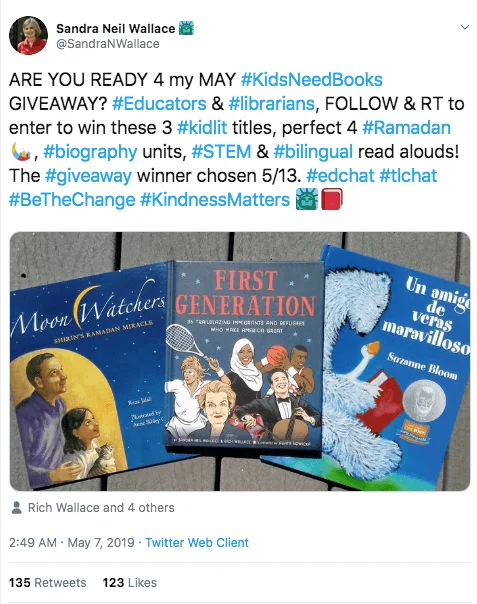 Screenshot of a Ramadan giveaway on Twitter. Users can win 3 children's books about Ramadan, refugees and friendship when they follow and retweet.