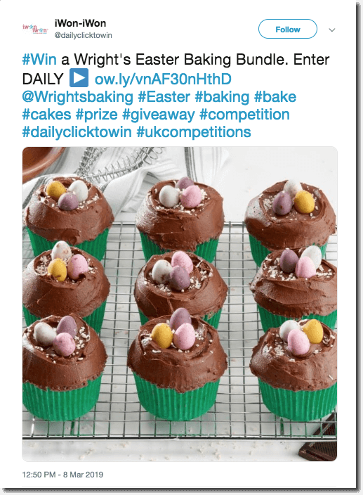 Example of an Easter giveaway on Twitter. The image shows a wire rack with 9 cupcakes in green paper cases. They are decorated with chocolate icing in the shape of a bird's nest, and 3 tiny chocolate eggs each.