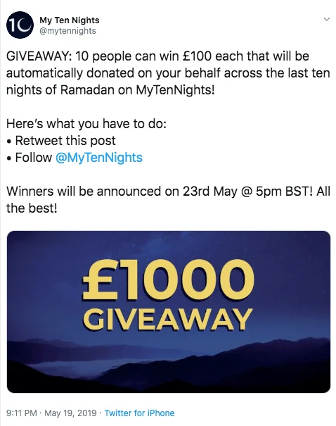 Screenshot of a Ramadan giveaway on Twitter. When people retweet and follow, they have a chance to win £100 to donate to charity.