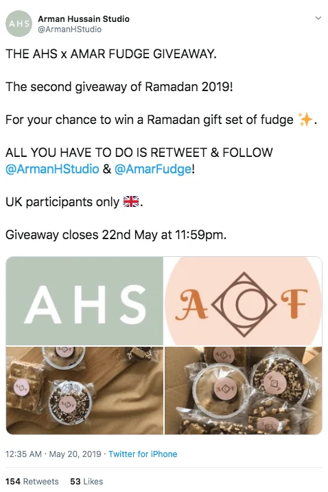 Screenshot of a Ramadan giveaway on Twitter. This is part of a giveaway series. Users retweet and follow the 2 brands who co-sponsor the event, for the chance to win a gift set of fudge sweets.