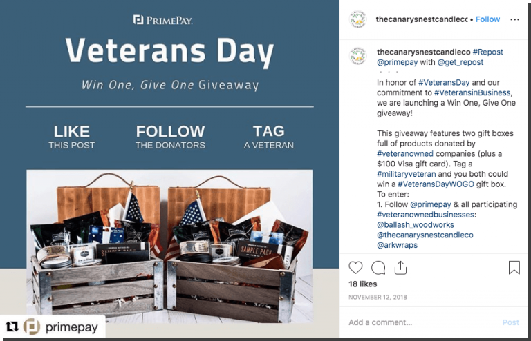Veterans Day giveaway and donations on Instagram