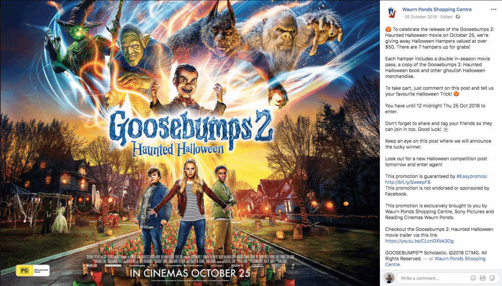 Halloween promotions on Facebook: in this giveaway, users can win Goosebumps-themed Halloween hampers. The main image of the giveaway post is a movie poster for Goosebumps 2: haunted Halloween.