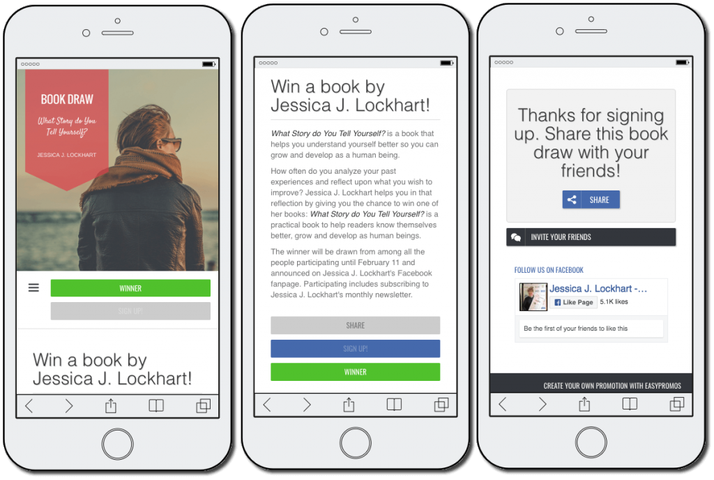 Example of a newsletter promotion. The image shows 3 mobile screenshots. 1. A photo of woman, her back to the camera, with the title "Win a book by Jessica J Lockhart!" 2. Rules of the contest. Users share contact details and join the mailing list for a chance to win a book. 3. The author thanks users for signing up, invites them to share online, and includes a link to her Facebook page.
