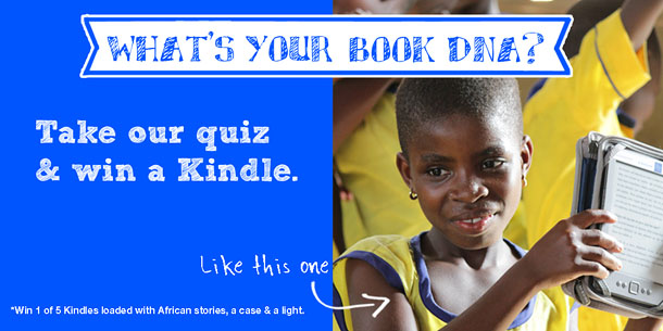 The image shows a young girl in a yellow school uniform holding an e-reader. The title reads, "What's your book DNA? Take our quiz and win a Kindle like this one."