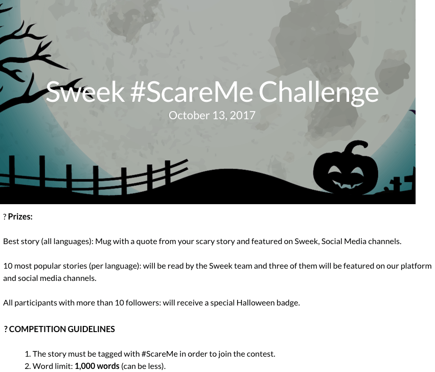 Screenshot of a Halloween contest for writers. Users are challenged to share their scariest stories under 1000 words.