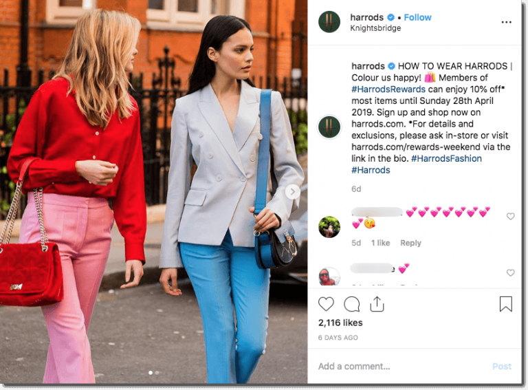 In this example from malls on Instagram, the post shows a photo of two young women on a city street. One is dressed in pink and red, while the other wears grey and blue. The caption begins, "How to wear Harrods: colour us happy!" It goes on to describe how members have access to an exclusive weekend sale.