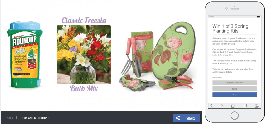 Screenshot of a spring giveaway. The main banner shows the prizes on offer, such as gardening gear and flower bulbs.