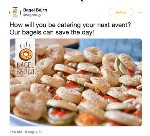 Twitter post by Bagel Beygl, a catering service which employs vulnerable women and survivors of trafficking. The image shows a tray of mini bagels.