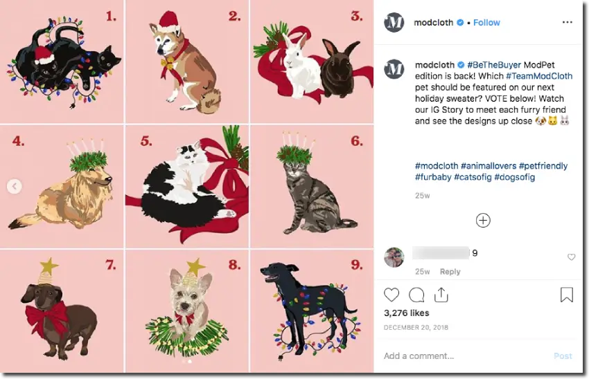 Screenshot of an Instagram giveaway to promote a fashion collection. The image shows 9 different cartoons of animals and holiday themes (for example, 2 cats playing with a string of Christmas tree lights). The caption invites users to comment with the number of their favorite design.