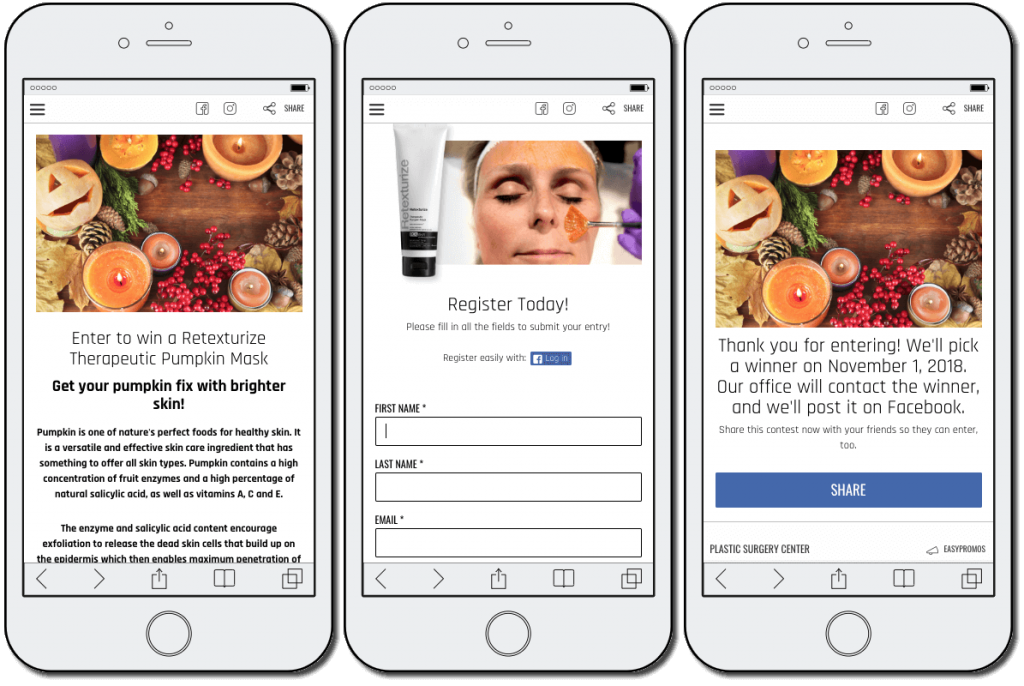 Another example of a World Health Day giveaway. The image shows 3 mobile screenshots. The first screenshot has a bright photo of candles, autumn fruits, and pumpkins. The title reads: "Enter to win a retexturize therapeutic pumpkin mask". The second screen shows a woman applying the mask, and a registration form for users' names and email addresses. The third screenshot thanks users for entering, and tells them to check Facebook on November 1st for the giveaway results.