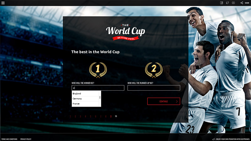 Example of World Cup online football pools. The background image shows three men dressed in white football uniforms, celebrating on a football pitch. The questions read, Who will be the winner? and Who will be the runner up? Users choose their answers from drop-down menus.