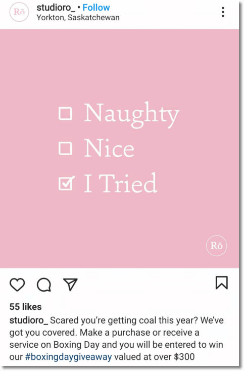 Screenshot of an Instagram post about Boxing Day sales. The brand announces that everyone who shops their Boxing Day sale will join a prize draw to win $300 worth of goods and services.