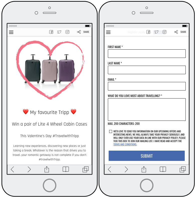 Example of a giveaway promotion. In exchange for name, email address, and reason for travel, this luggage brand is giving away a pair of suitcases for Valentine's Day.