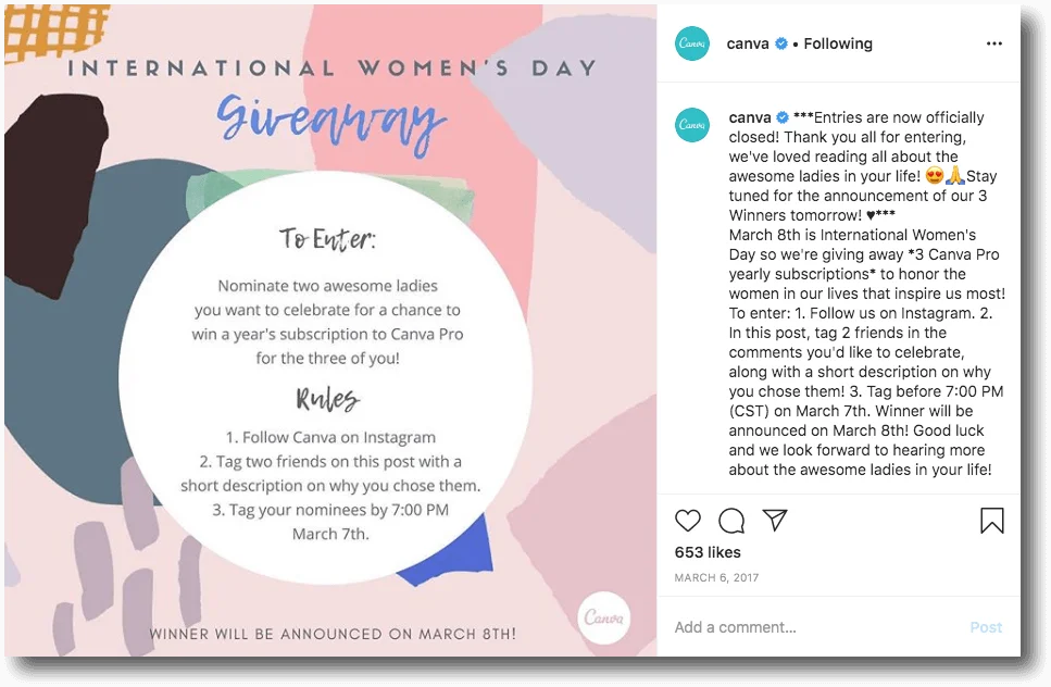 example from canva, showing an international women's day giveaway that the brand launched in 2017