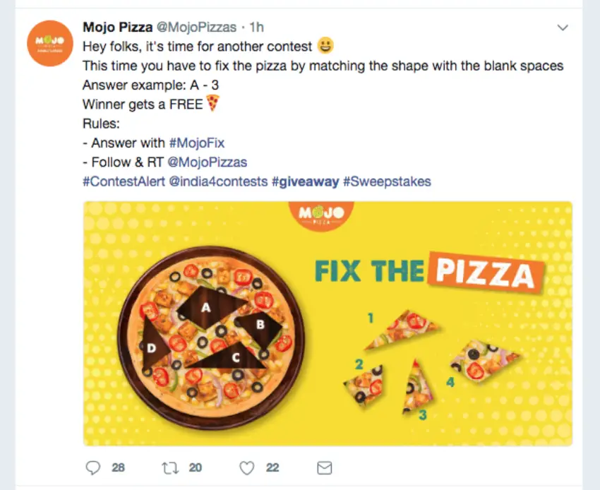 Restaurant promotions with quiz or survey. In this example, a pizza restaurant asks people to solve a puzzle on Twitter to win a free delivery.