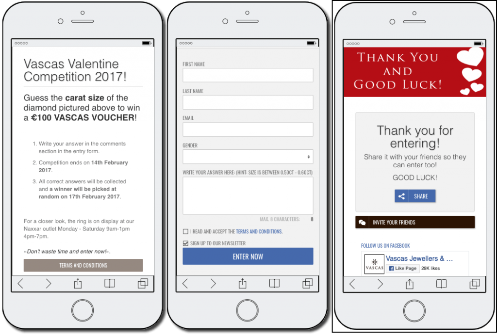 3 screenshots from a jewelry promotion on a mobile device. 1: the competition is announced. 2: users fill in a form with their name, email, gender, and guess at the carat of the diamond in a ring. 3: the brand thanks users and encourages them to connect on Facebook.