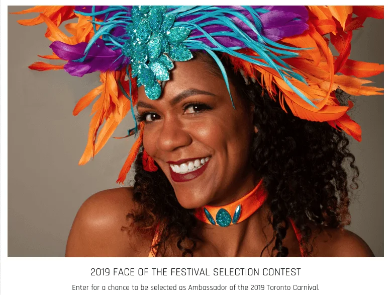 Carnival costume contest banner. The photo shows a woman in carnival dress. The title is "2019 Face of the Festival Selection Contest".