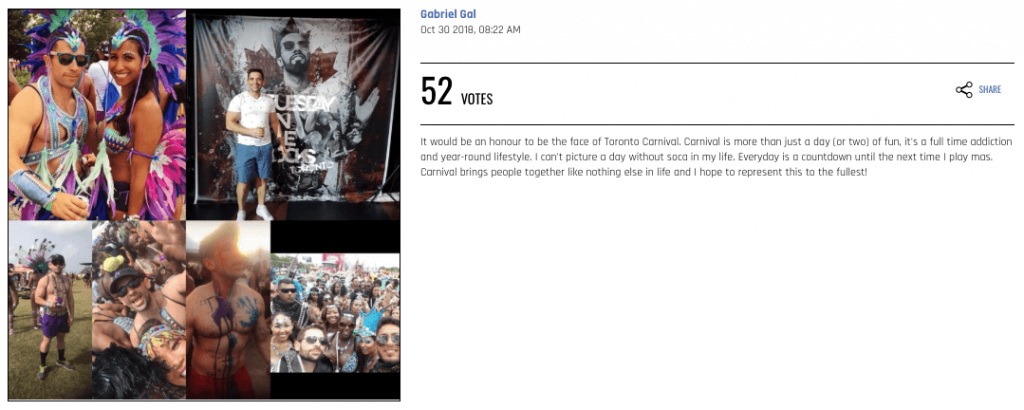 Entry from a carnival costume contest photo gallery. The photo shows the participant in carnival dress. They have written a short text about their entry, and received 52 positive votes.