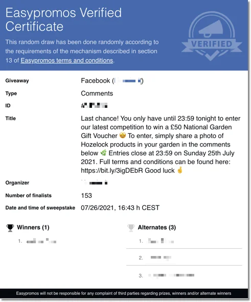 Example of a Certificate of Validity from a Facebook giveaway