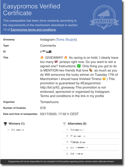 Certificate of validity of Toms' instagram giveaway