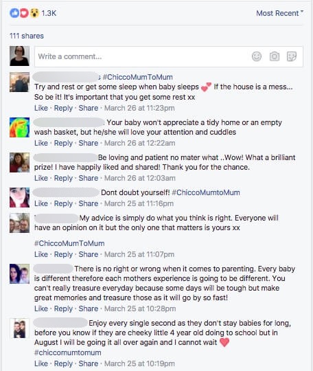 Mother's Day Facebook giveaway example from Chicco showing participants' comments