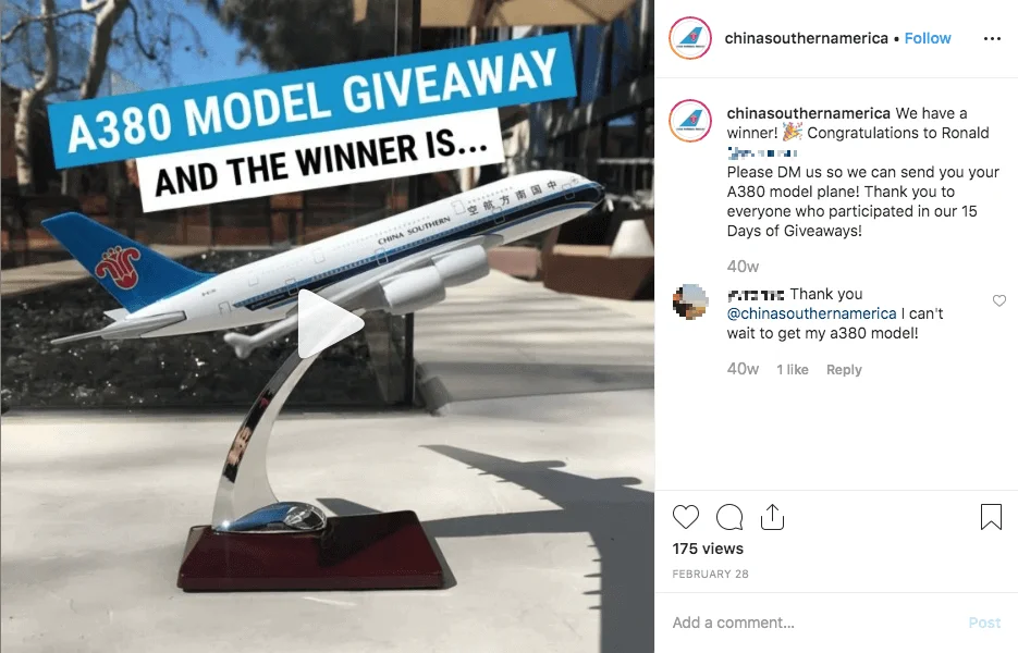 Screenshot of a giveaway organized on Instagram by China Southern Airlines to celebrate Chinese New Year.