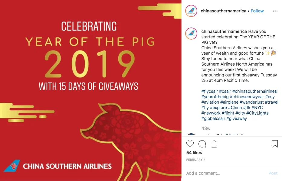 Screenshot of a Chinese New Year giveaway organized on Instagram by China Southern Airlines.