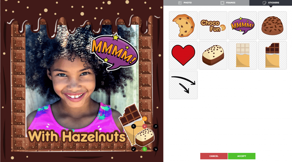Easter promotion ideas: Easter photo frames. The image shows a photo of a young girl in the PhotoFun editor, decorated with chocolate-themed frames and stickers.