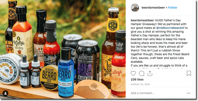 This Father's Day giveaway on Instagram was organized jointly by a brewery and a bear oil brand. The image shows the prize: a hamper of products from both brands. Father's Day Instagram giveaway idea for 2021.