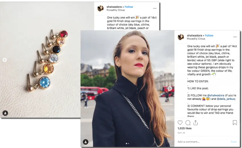 Screenshot of an Instagram giveaway to promote a fashion collection. The carousel of images show a young woman in a dark blue coat wearing a small jewelled earring, and a set of 6 earrings with different color gemstones. The caption explains that users can win a pair of earrings when they like, follow, tag, and comment with their favorite gemstone.