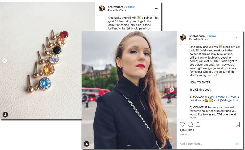 Screenshot of an Instagram giveaway to promote a fashion collection. The carousel of images show a young woman in a dark blue coat wearing a small jewelled earring, and a set of 6 earrings with different color gemstones. The caption explains that users can win a pair of earrings when they like, follow, tag, and comment with their favorite gemstone.