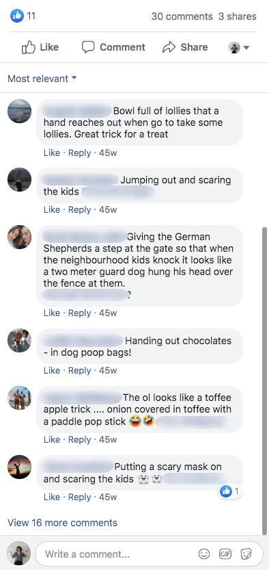 Sample of comments from Halloween promotions on Facebook. Users suggest tricks such as wearing masks, creating fake toffee apples, and handing out chocolates in dog poop bags.