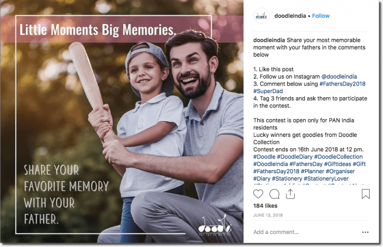 A classic Father's Day giveaway on Instagram. The image shows a father and son playing baseball. The overlay text reads: "Little Moments, Big Memories. Share your favorite memory with your father". Father's Day Instagram giveaway idea for 2021.