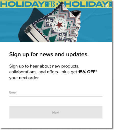 Screenshot of a discount coupon sent to new accounts by Converse. Proven ecommerce practices