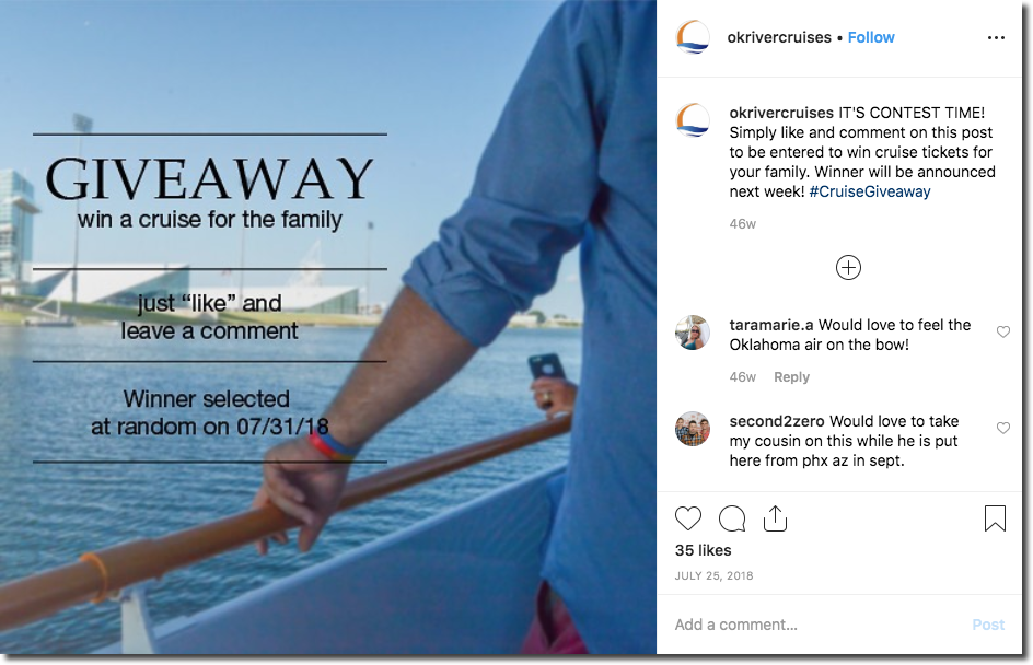 Screenshot of an Instagram giveaway to promote a cruise. The image shows a mans arm as he leans on the rail of a boat sailing down a river. The caption invites users to like and comment on the photo for the chance to win a family river cruise.